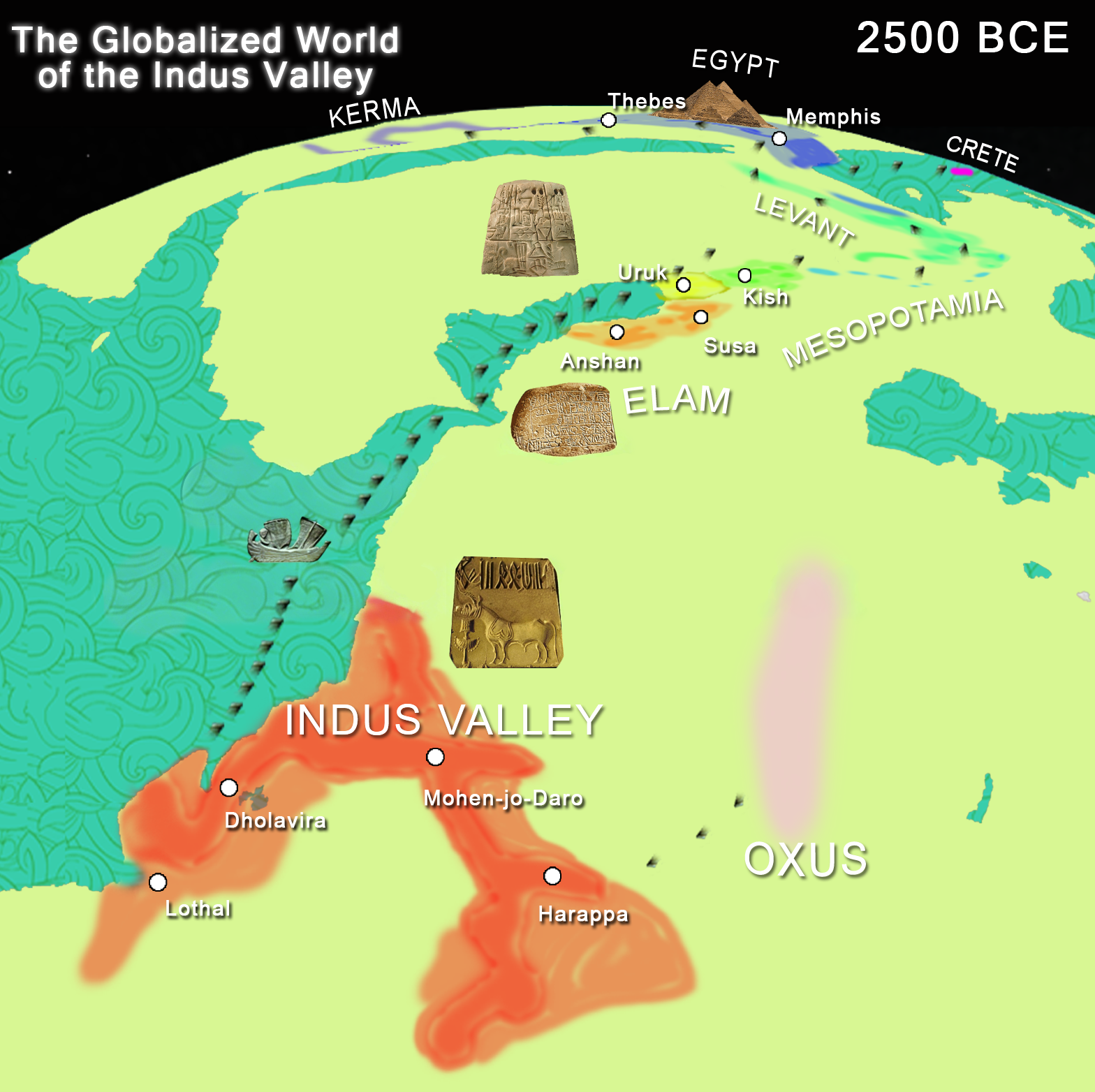 Bronze Age trade routes — Arabian Gulf connecting Mesopotamia, Magan/UAE, and the Indus Valley civilisation, c. 2600 BC